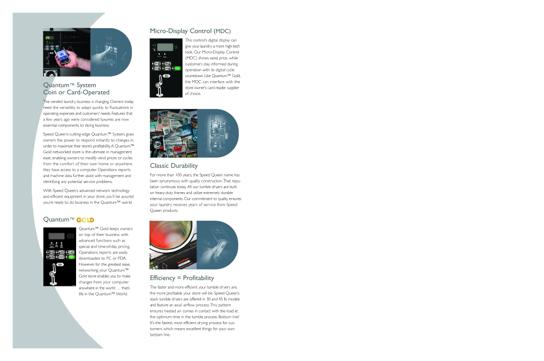 Speed Queen Clothes Dryer specifications Quantum System Coin or Card-Operated, Quantum Gold, Micro-Display Control MDC 