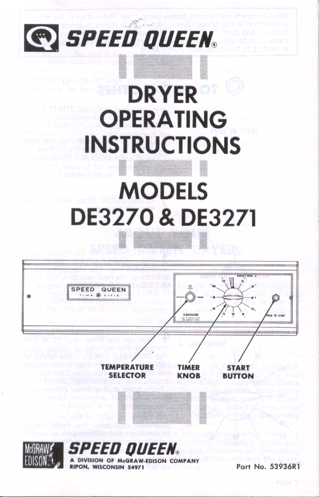 Speed Queen DE3270, DE3271 manual 