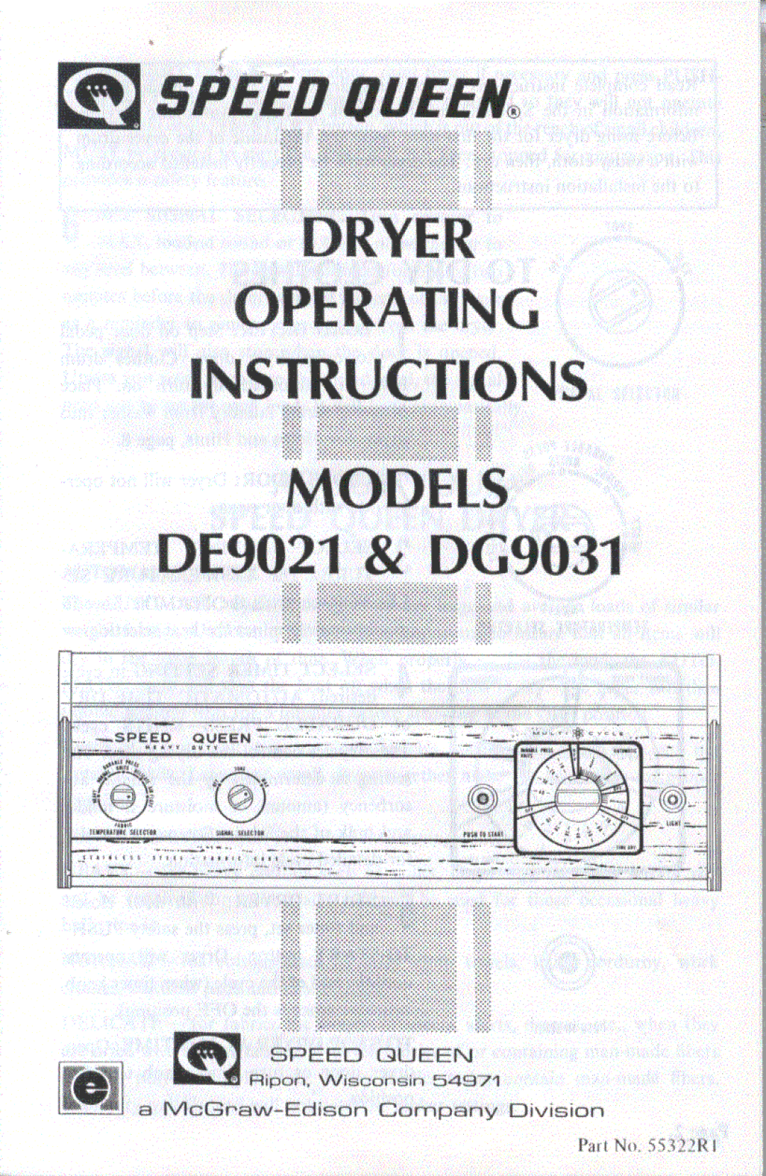 Speed Queen DE9021, DG9031, 55322R1 manual 