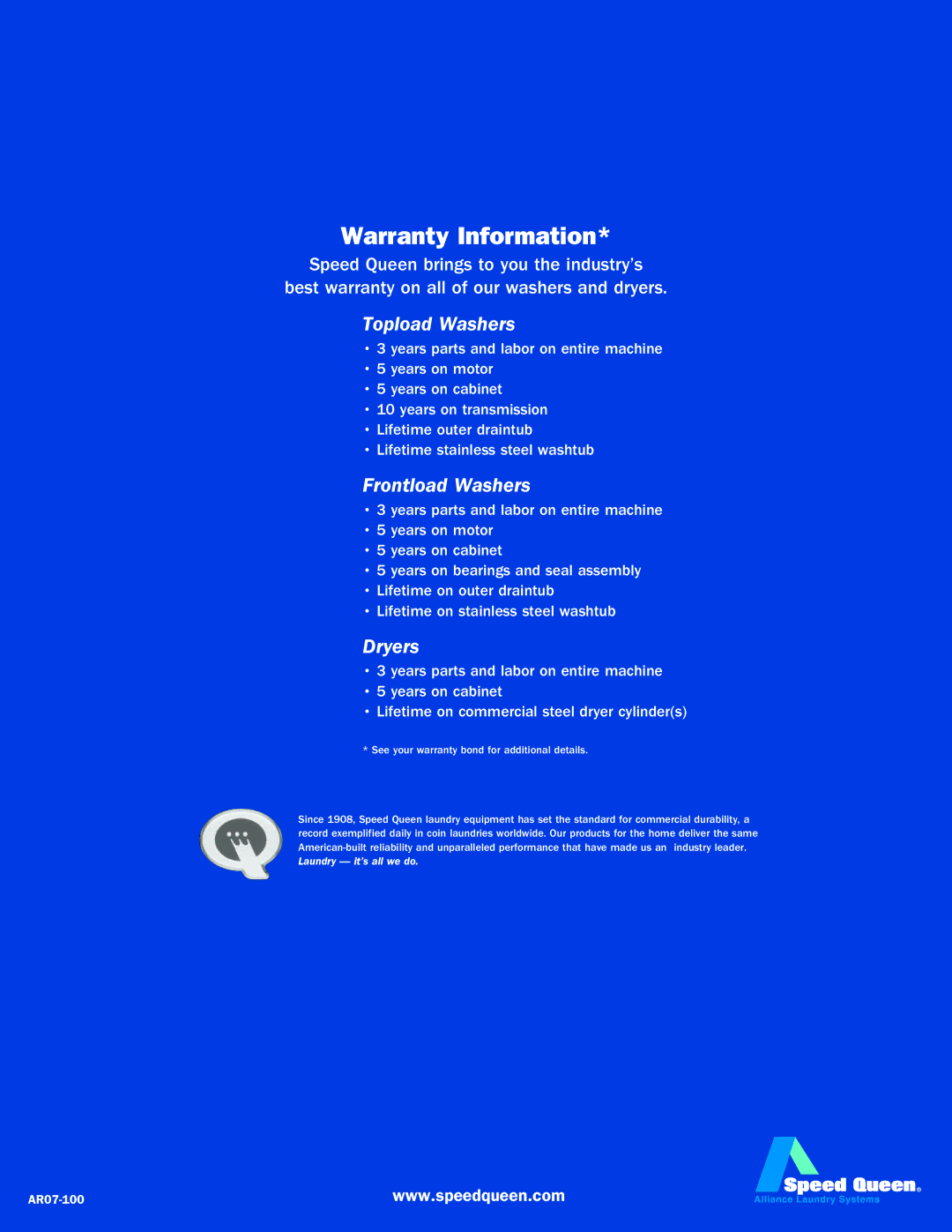 Speed Queen Home Laundry manual Warranty Information 