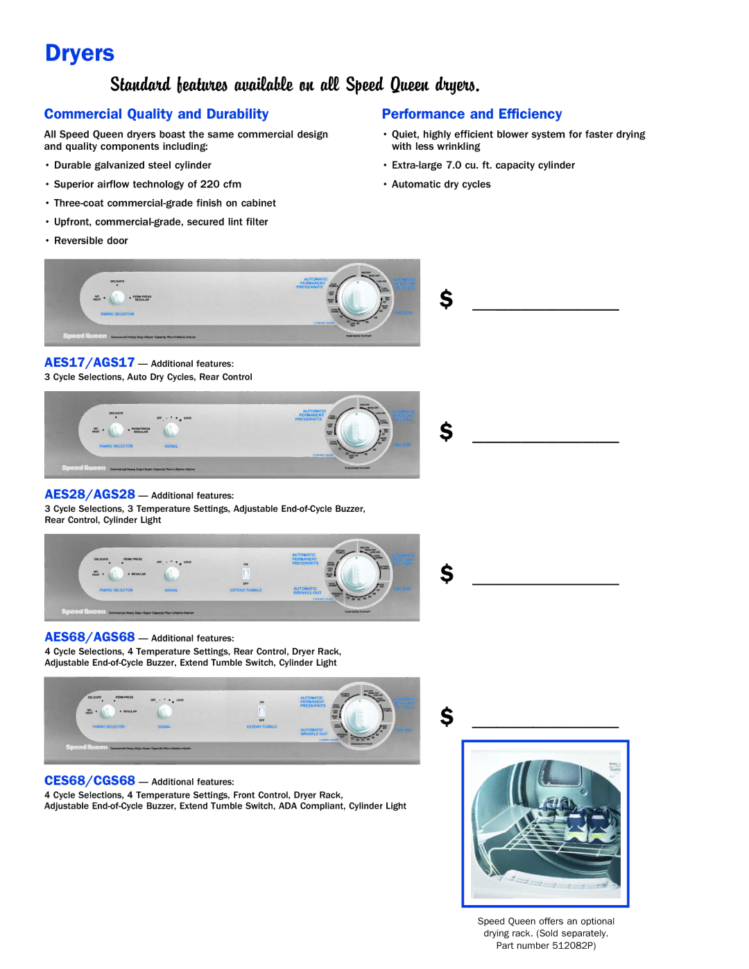 Speed Queen Home Laundry manual Dryers, Standard features available on all Speed Queen dryers 