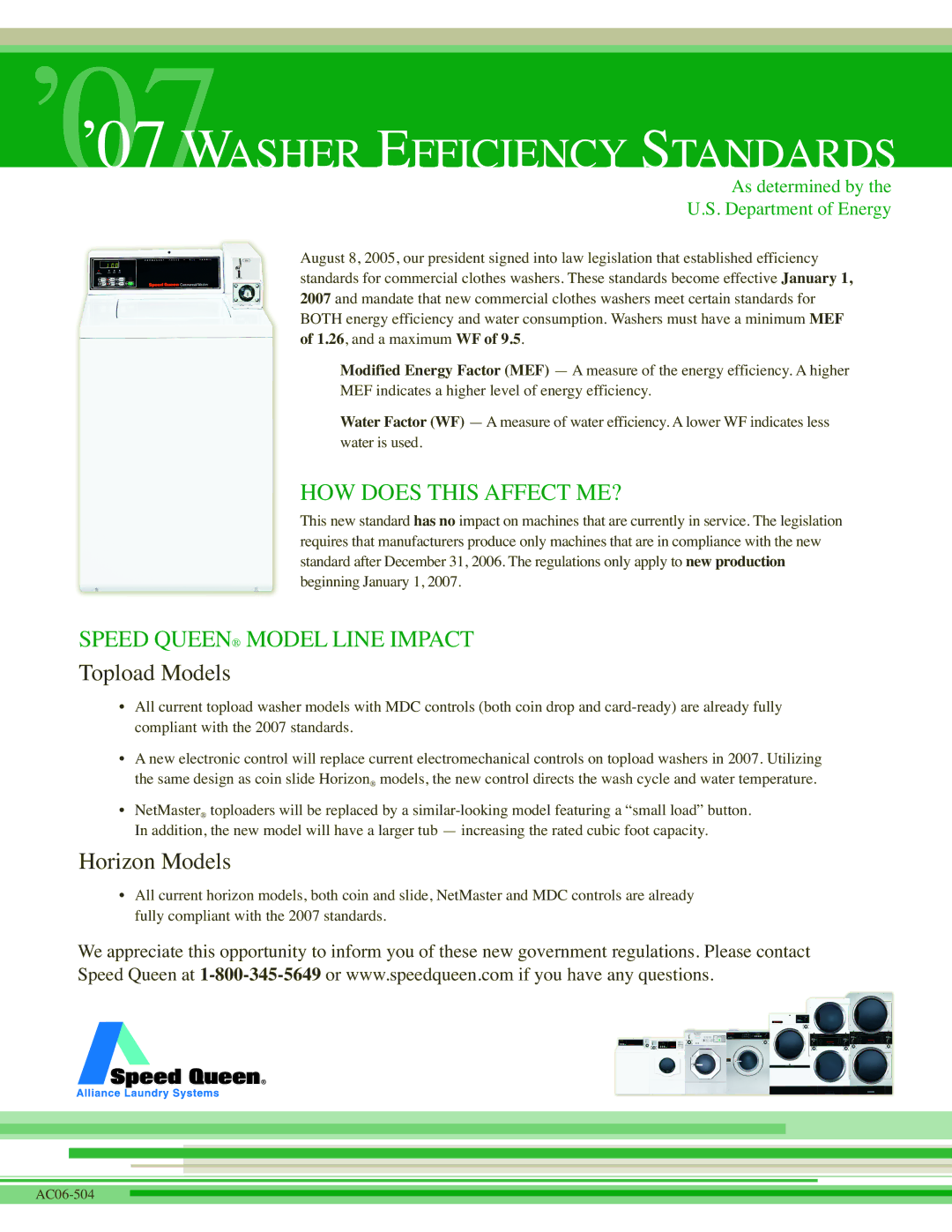 Speed Queen Horizon manual ’07’07 Washer Efficiency Standards, HOW does this Affect ME?, Speed Queen Model Line Impact 