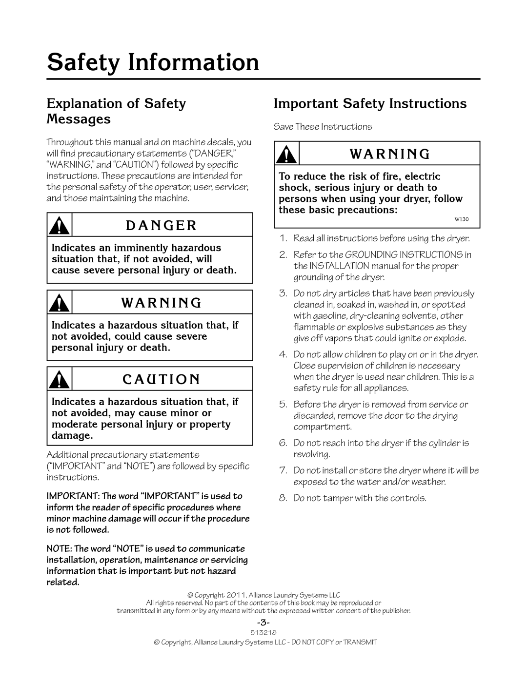 Speed Queen HVR-M15N/M15P manual Safety Information, Explanation of Safety Messages, Important Safety Instructions 