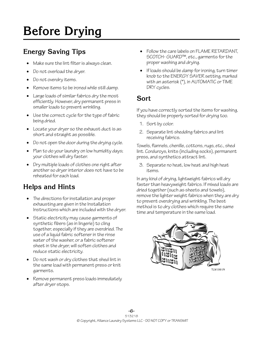 Speed Queen HVR-M15N/M15P manual Before Drying, Energy Saving Tips, Helps and Hints, Sort 