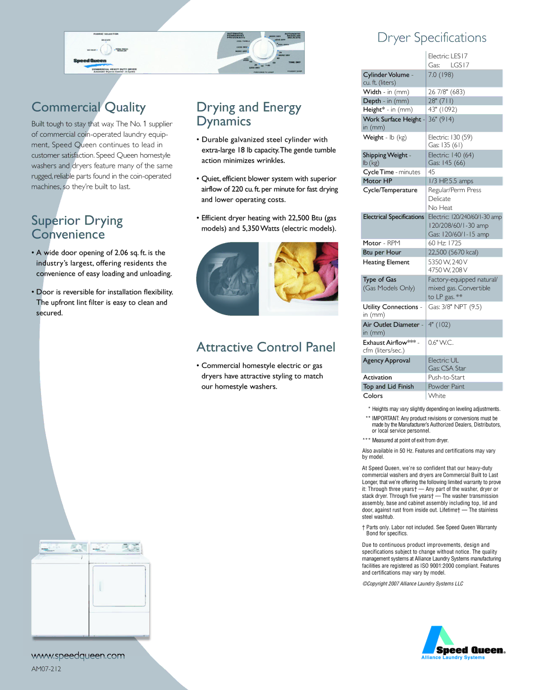 Speed Queen LGS17 Commercial Quality, Superior Drying Convenience, Drying and Energy Dynamics, Attractive Control Panel 