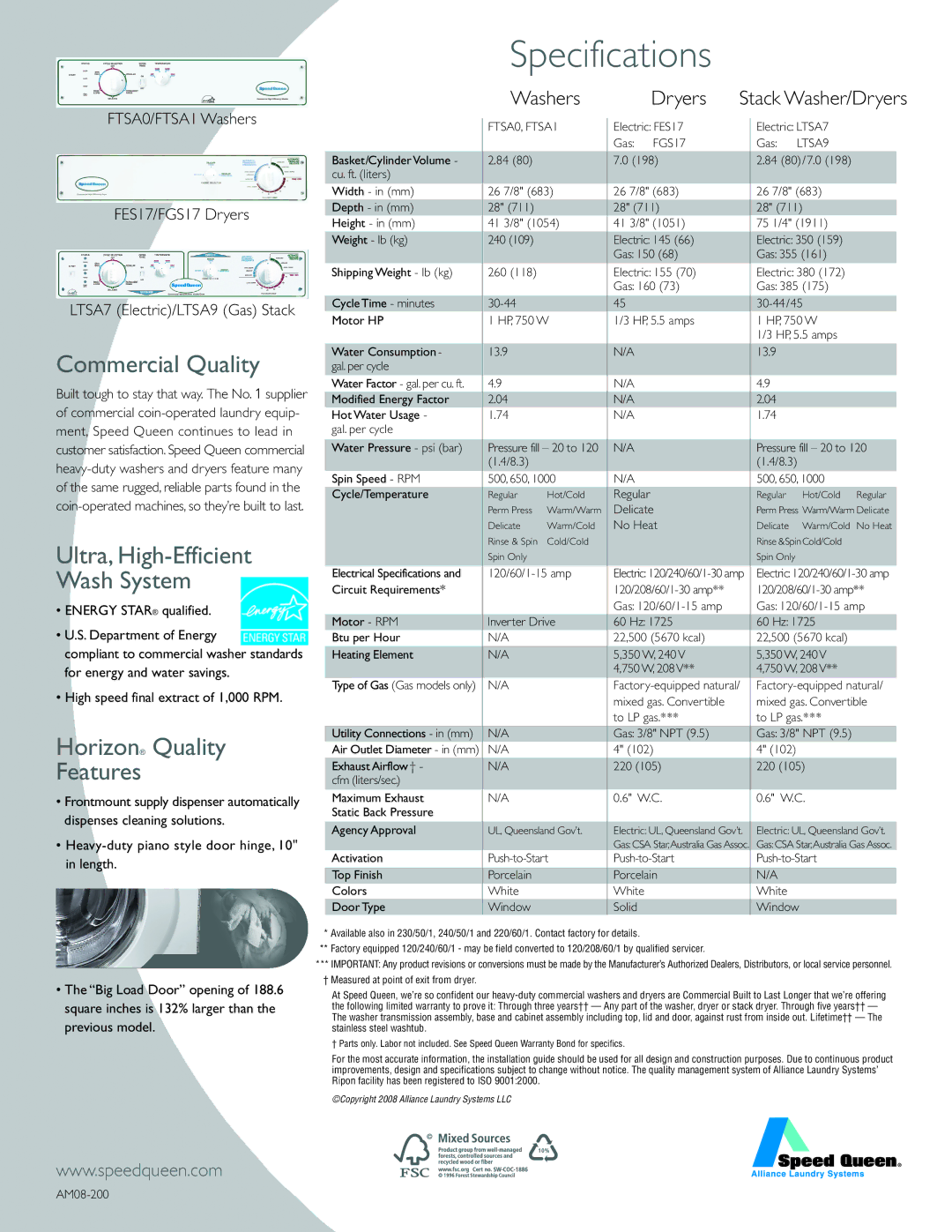 Speed Queen FES17, LTSA9, LTSA7, FTSA0, FTSA1, FGS17 manual Commercial Quality, Horizon Quality Features 