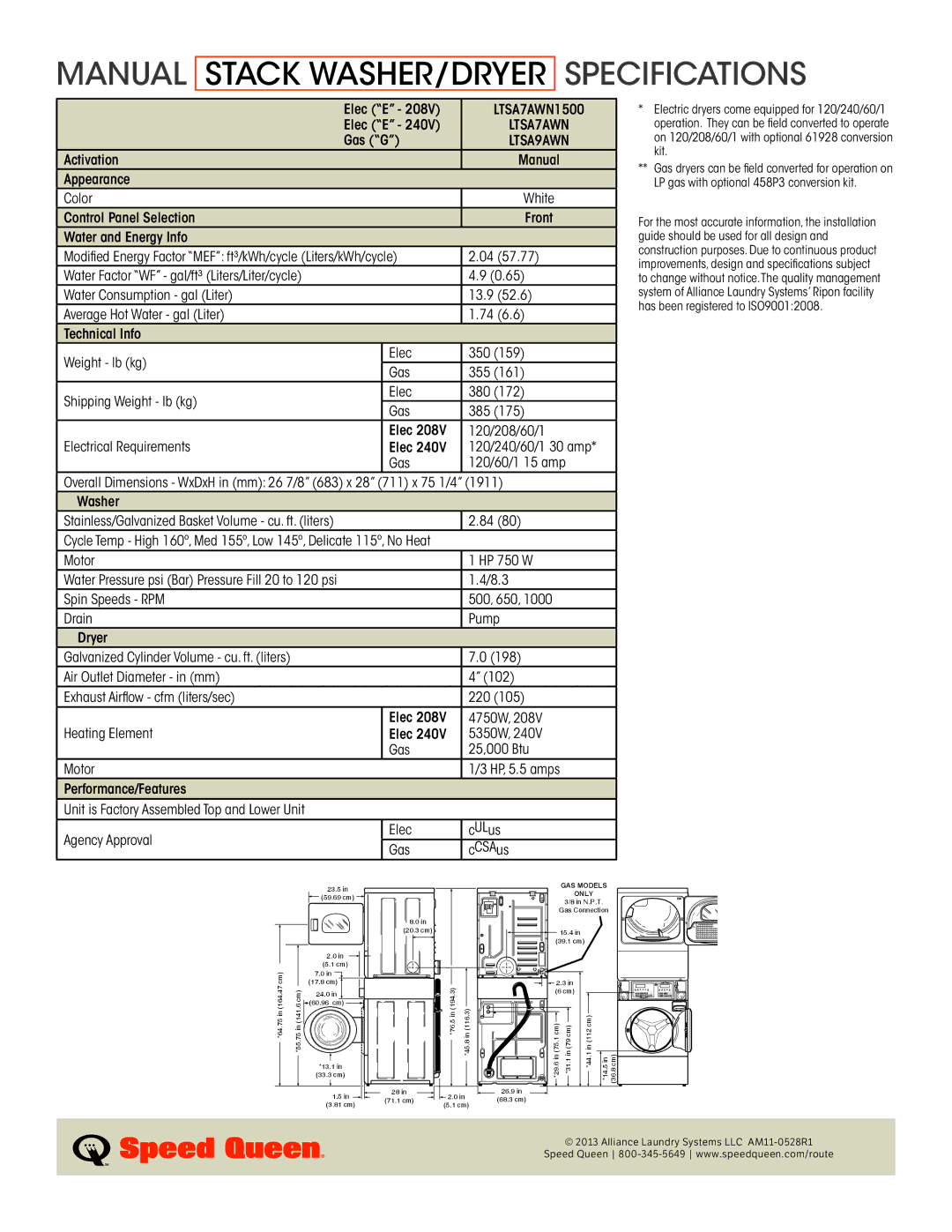 Speed Queen LTSA9AWN manual Manual Stack WASHER/DRYER Specifications, LTSA7AWN1500 