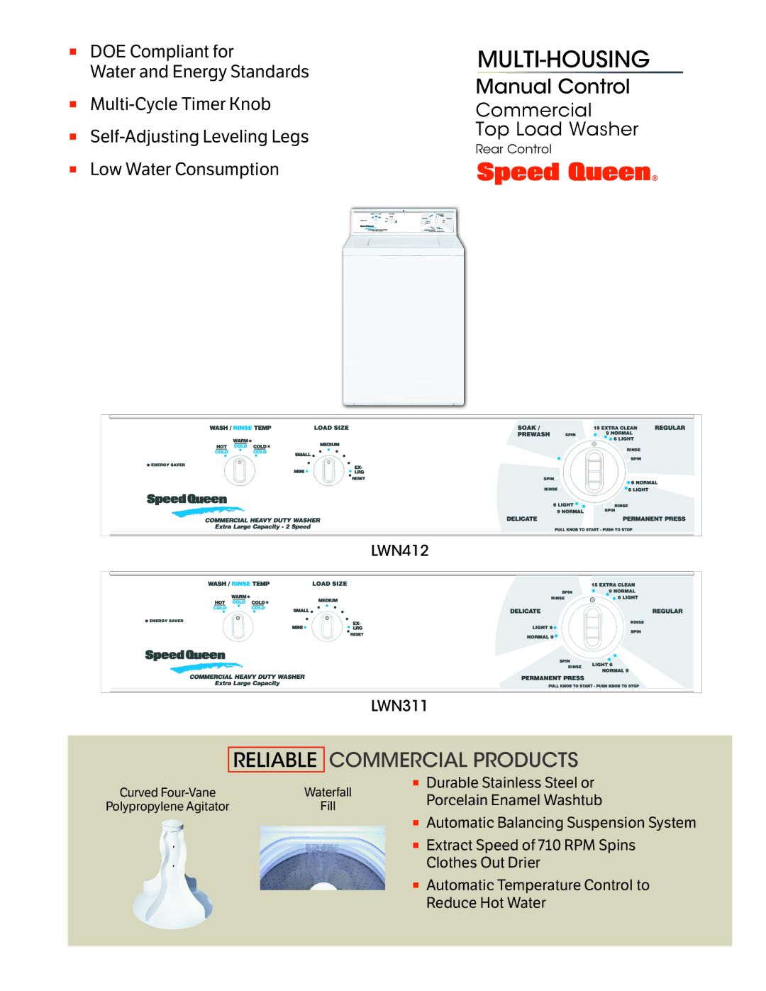 Speed Queen LWN 412, LWN311 manual Multi-Housing, Manual Control, Reliable Commercial Products 