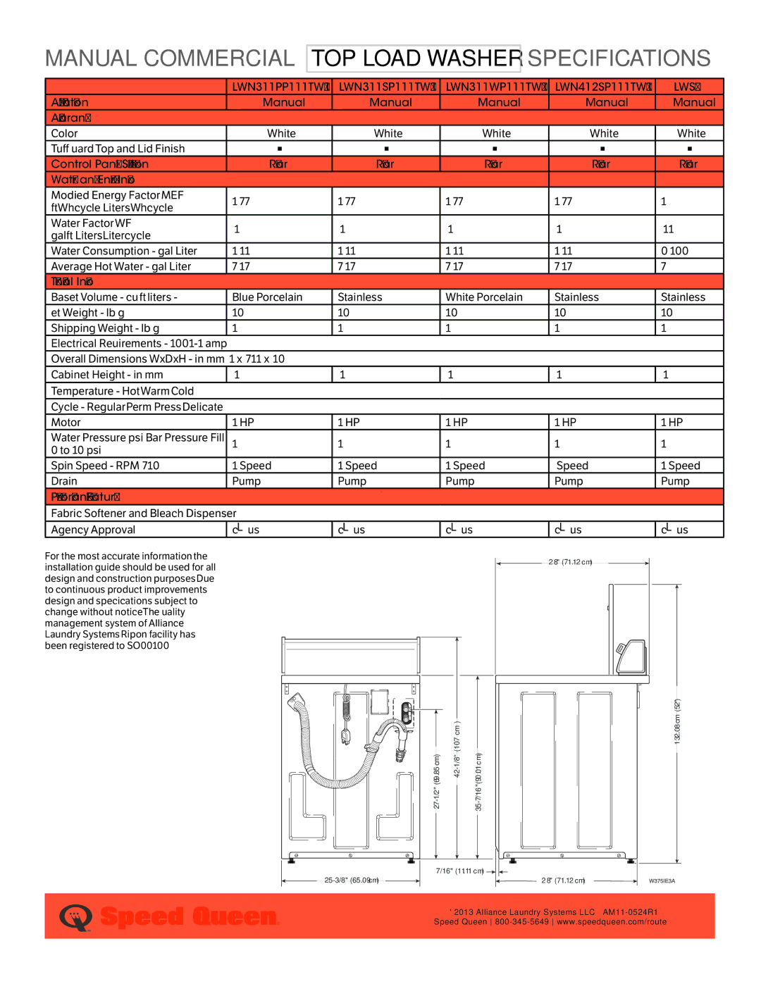 Speed Queen LWN311, LWN 412 manual Manual Commercial TOP Load Washer Specifications, LWS05 