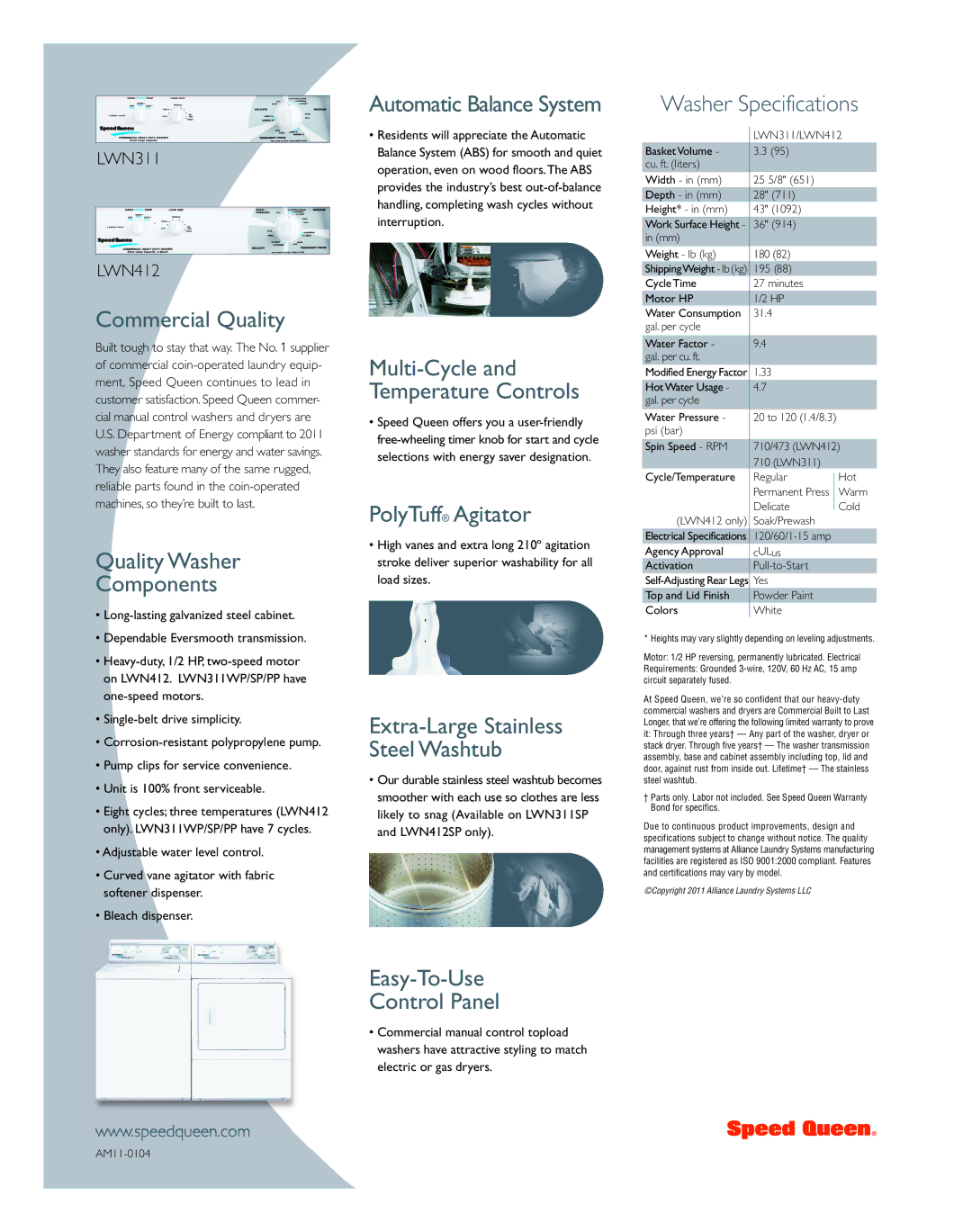 Speed Queen LWN311SP111TW01 Commercial Quality, Quality Washer Components, Automatic Balance System, PolyTuff Agitator 