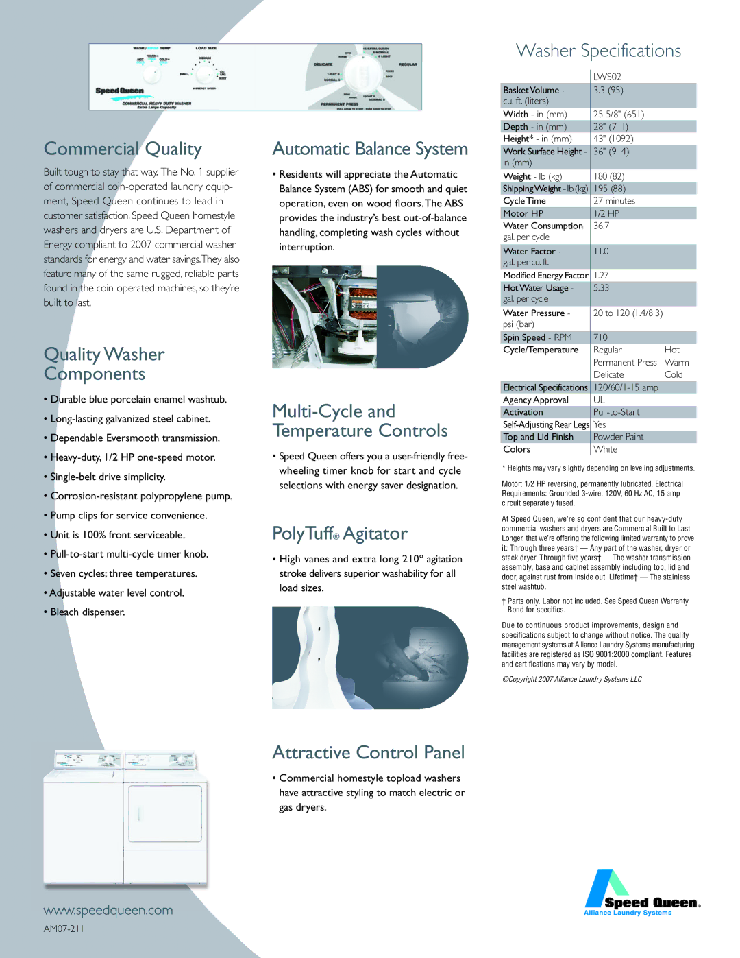 Speed Queen LWS02 manual Commercial Quality, Quality Washer Components, AutomaticBalanceSystem, PolyTuff Agitator 