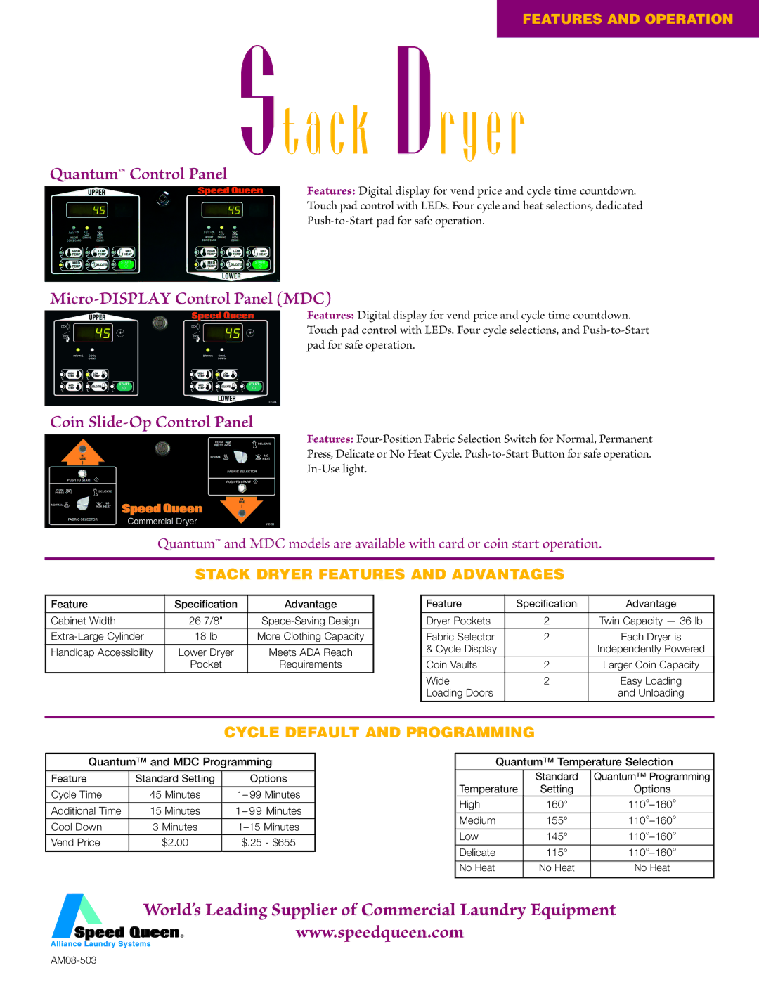 Speed Queen Stack Dryer manual Quantum Control Panel, Micro-DISPLAY Control Panel MDC, Coin Slide-Op Control Panel 