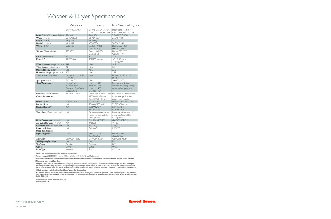 Speed Queen SWFT71, STGY79, SWFY71, STET77, STGT79, SFGY09 Washer & Dryer Specifications, Washers, Stack Washer/Dryers 