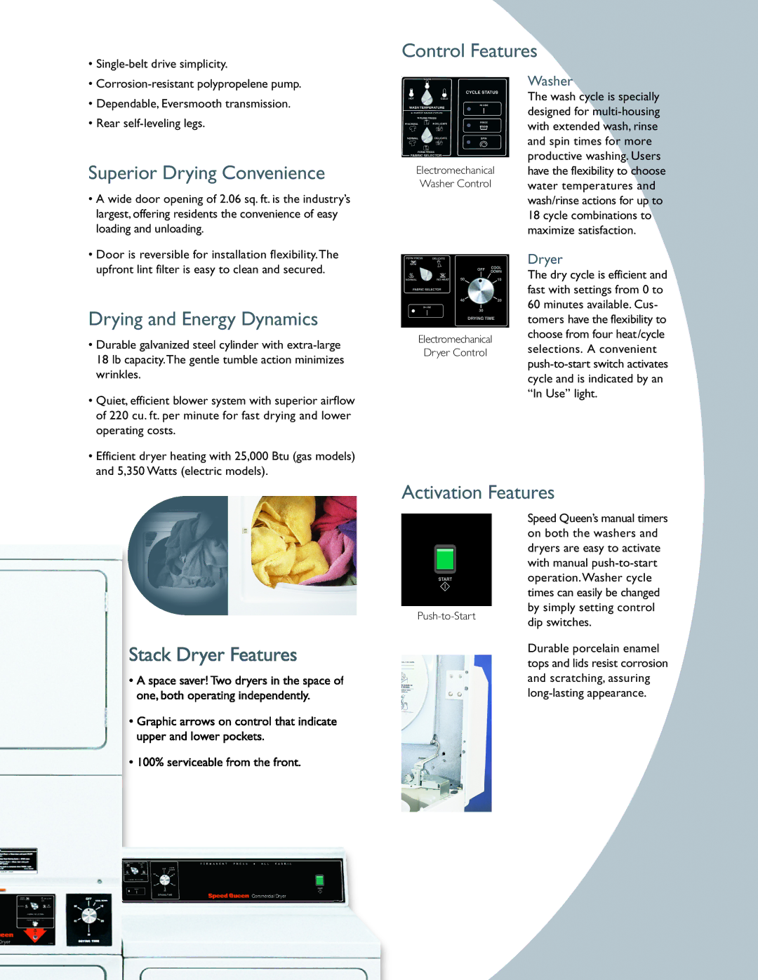 Speed Queen SSG809, SWT821, SWT820, SSE807, SDG809 Control Features, Superior Drying Convenience, Drying and Energy Dynamics 
