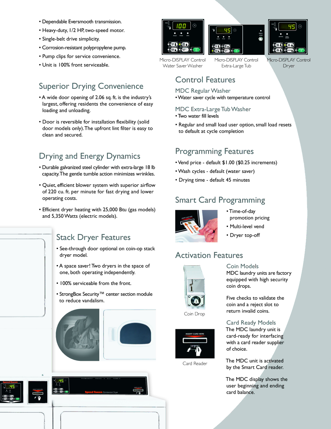 Speed Queen SSET07/SSGT09 Superior Drying Convenience, Control Features, Drying and Energy Dynamics, Stack Dryer Features 
