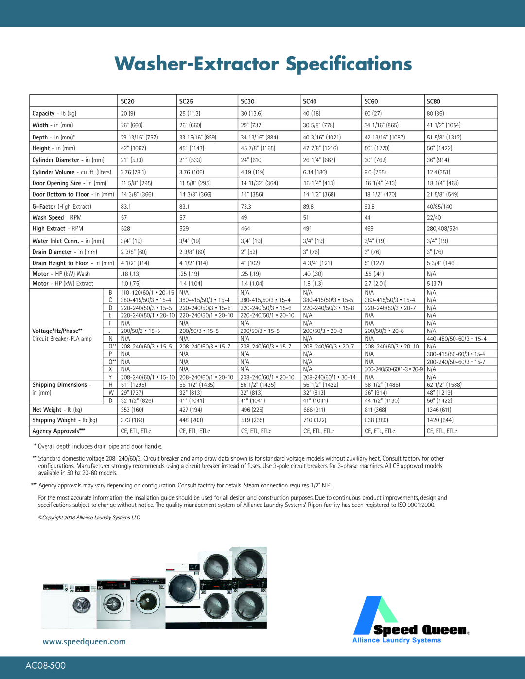 Speed Queen warranty Washer-Extractor Specifications 