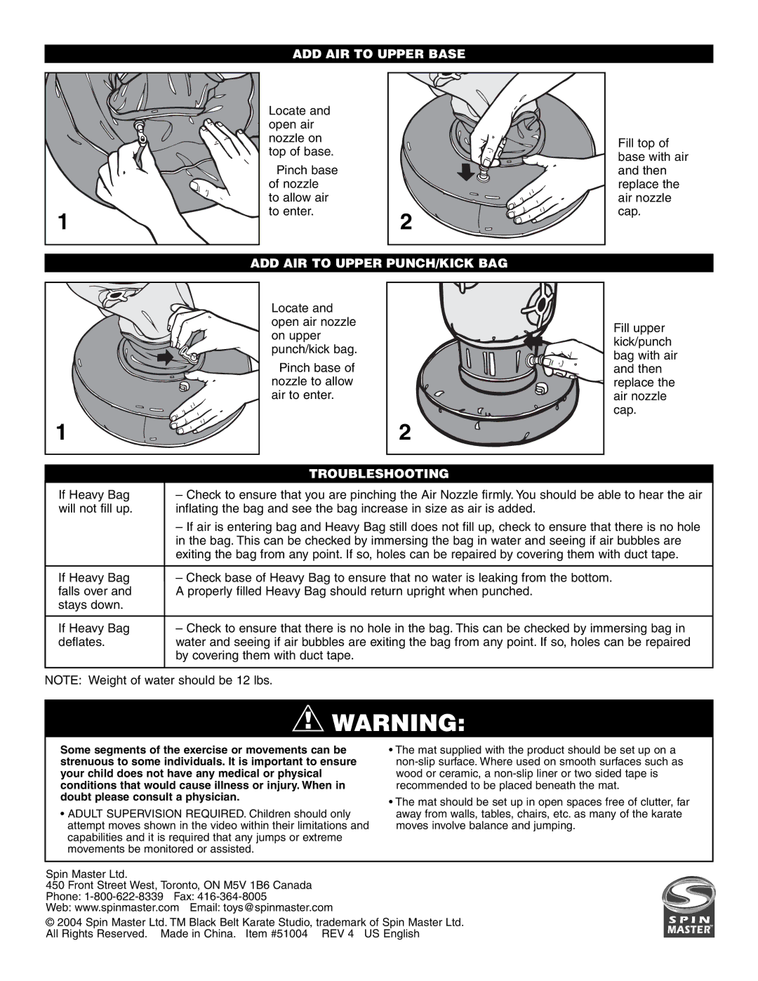 Spin Master Black Belts manual ADD AIR to Upper Base, ADD AIR to Upper PUNCH/KICK BAG, Troubleshooting 