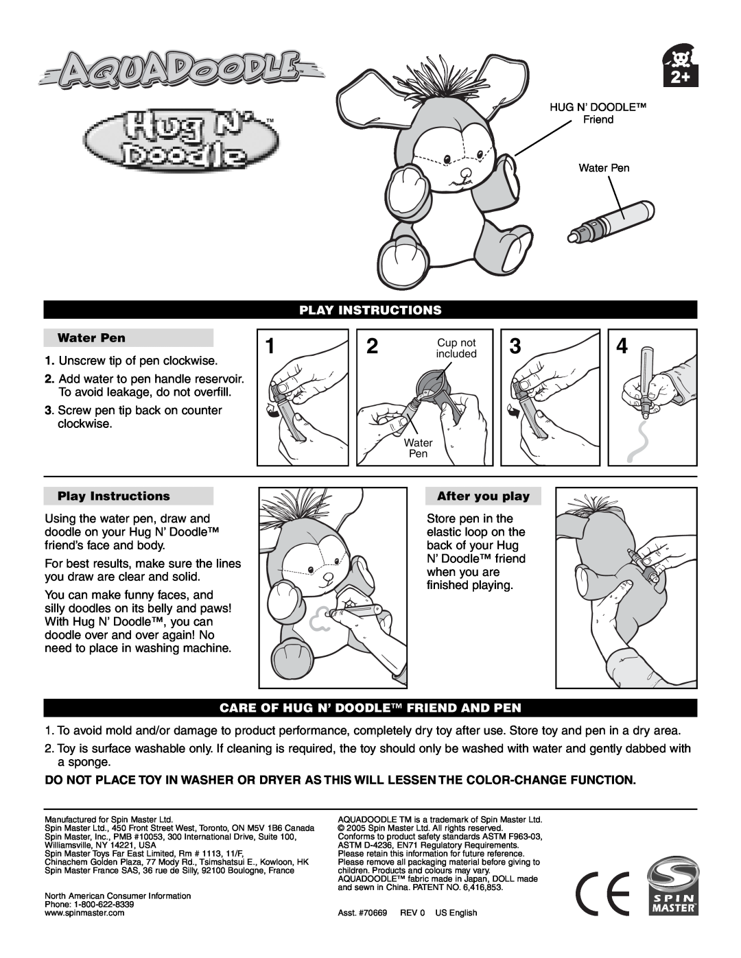 Spin Master 70669, Hug n' Doodle manual Water Pen, Play Instructions, After you play, Care Of Hug N’ Doodle Friend And Pen 