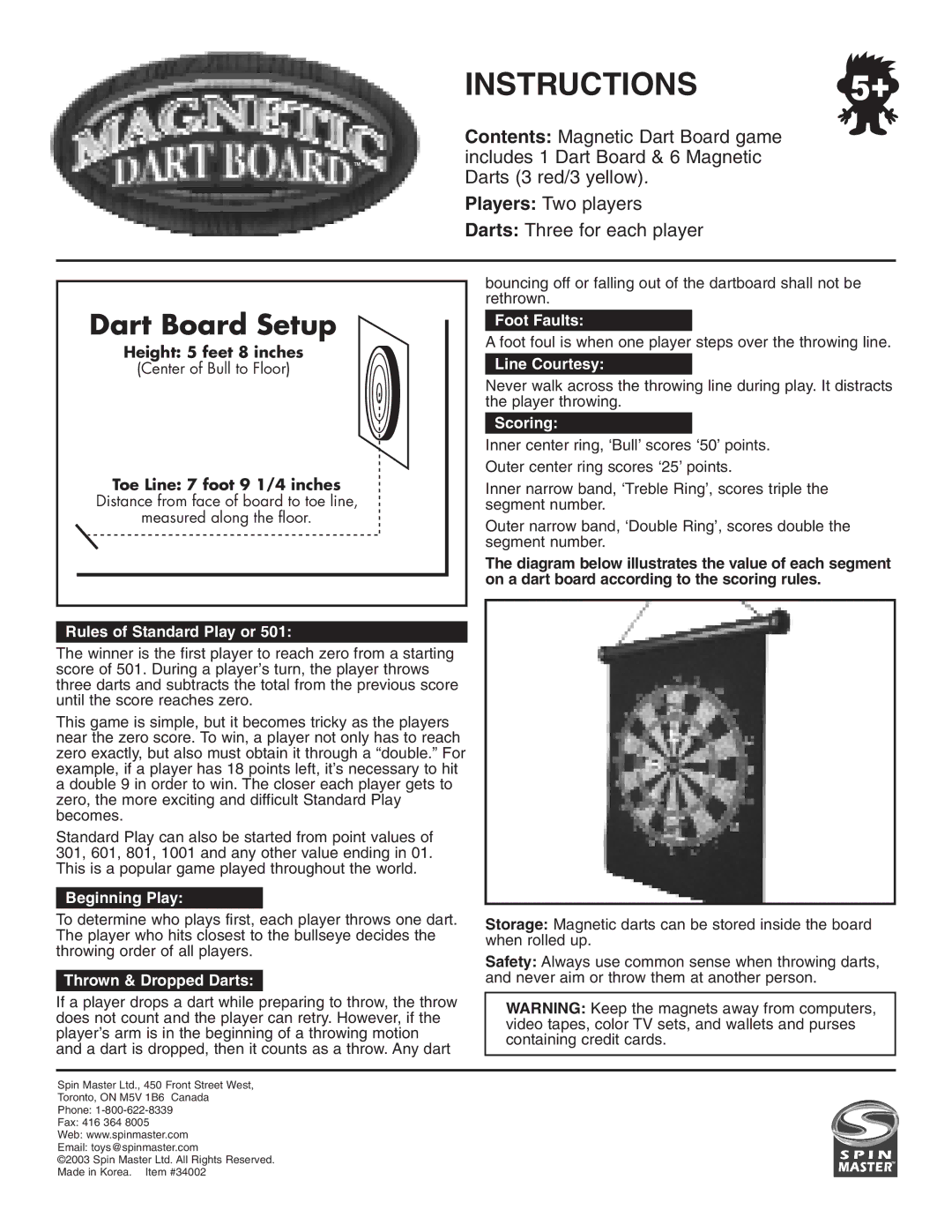 Spin Master 34002, Magnetic Dart Board manual Instructions, Dart Board Setup 