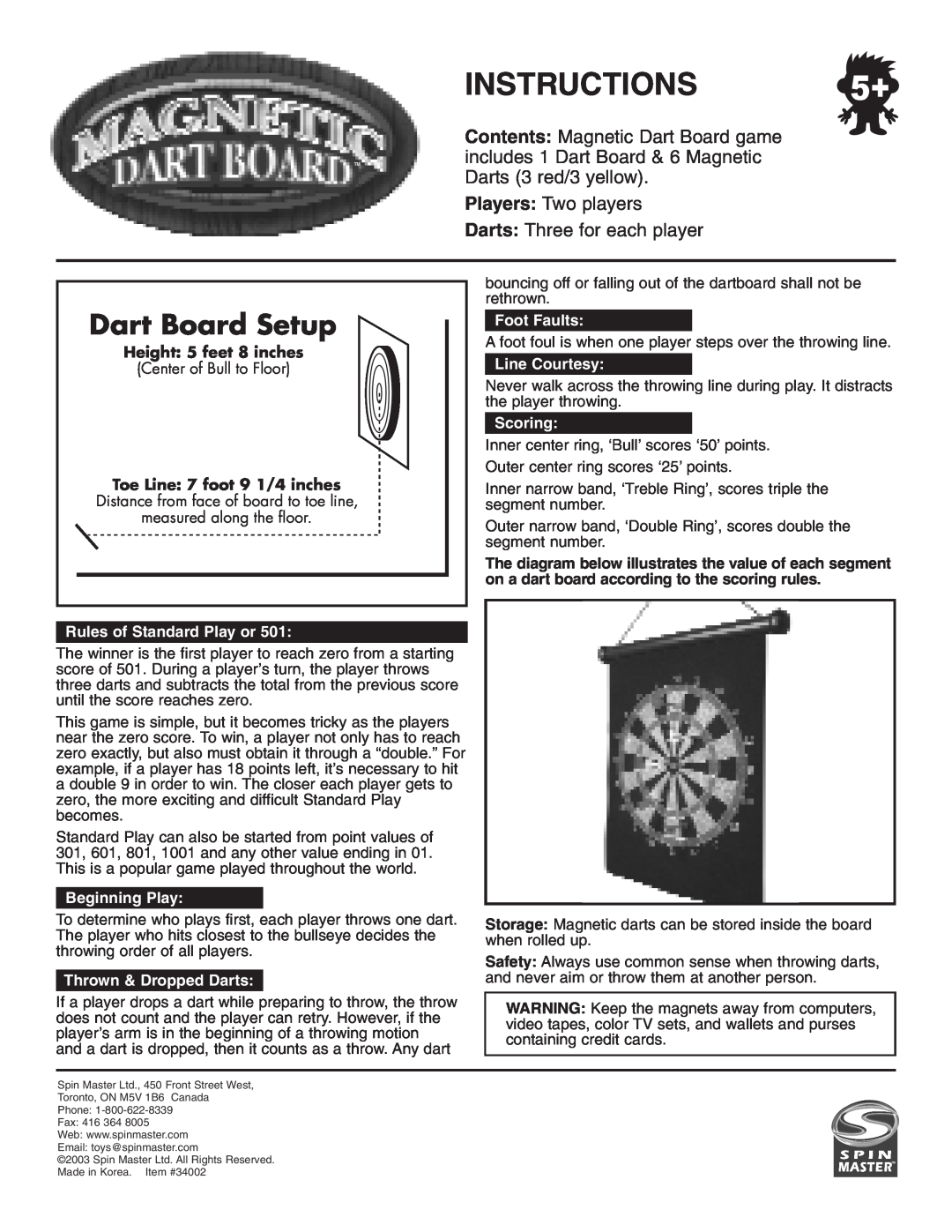 Spin Master 34002 manual Instructions, Dart Board Setup, Players Two players Darts Three for each player, Beginning Play 