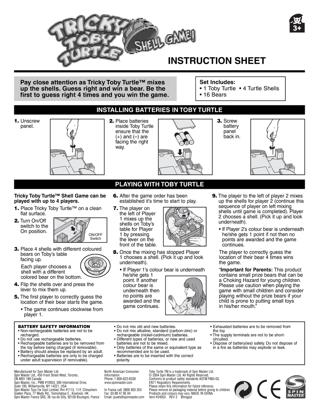 Spin Master Tricky Toby Turtle instruction sheet Instruction Sheet, Installing Batteries in Toby Turtle 