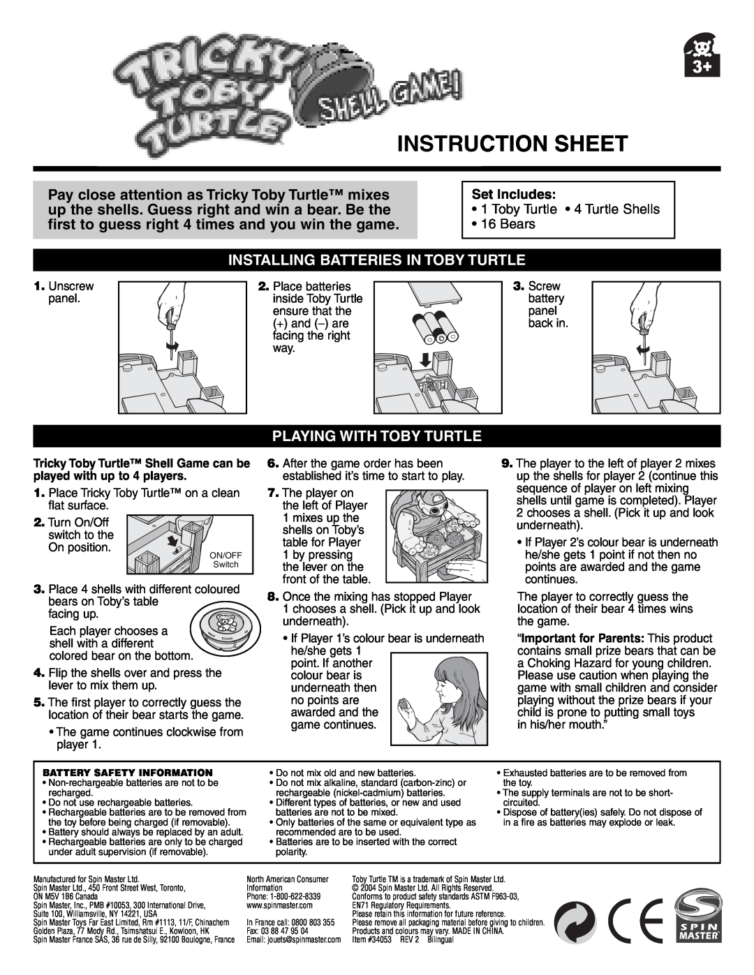 Spin Master Tricky Toby Turtle instruction sheet Instruction Sheet, Installing Batteries In Toby Turtle, Set Includes 