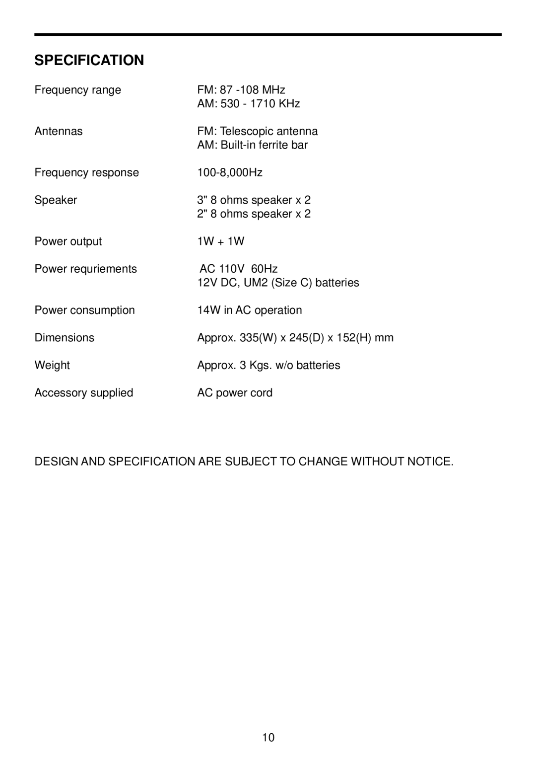 Spirit 1776 instruction manual Specification 