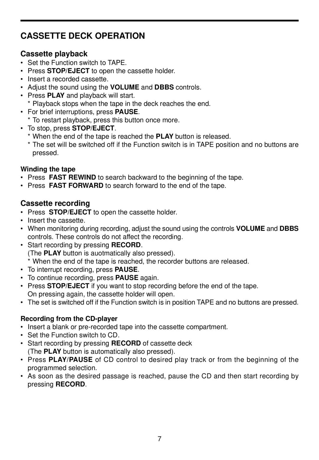 Spirit 1776 Cassette Deck Operation, Cassette playback, Cassette recording, Winding the tape, Recording from the CD-player 