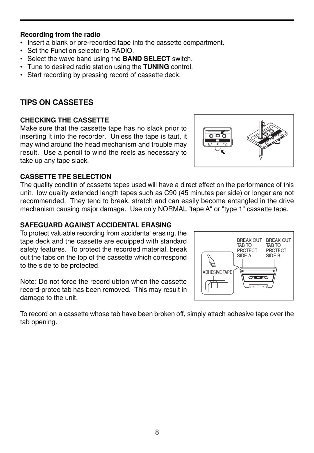 Spirit 1776 instruction manual Tips on Cassetes, Recording from the radio 