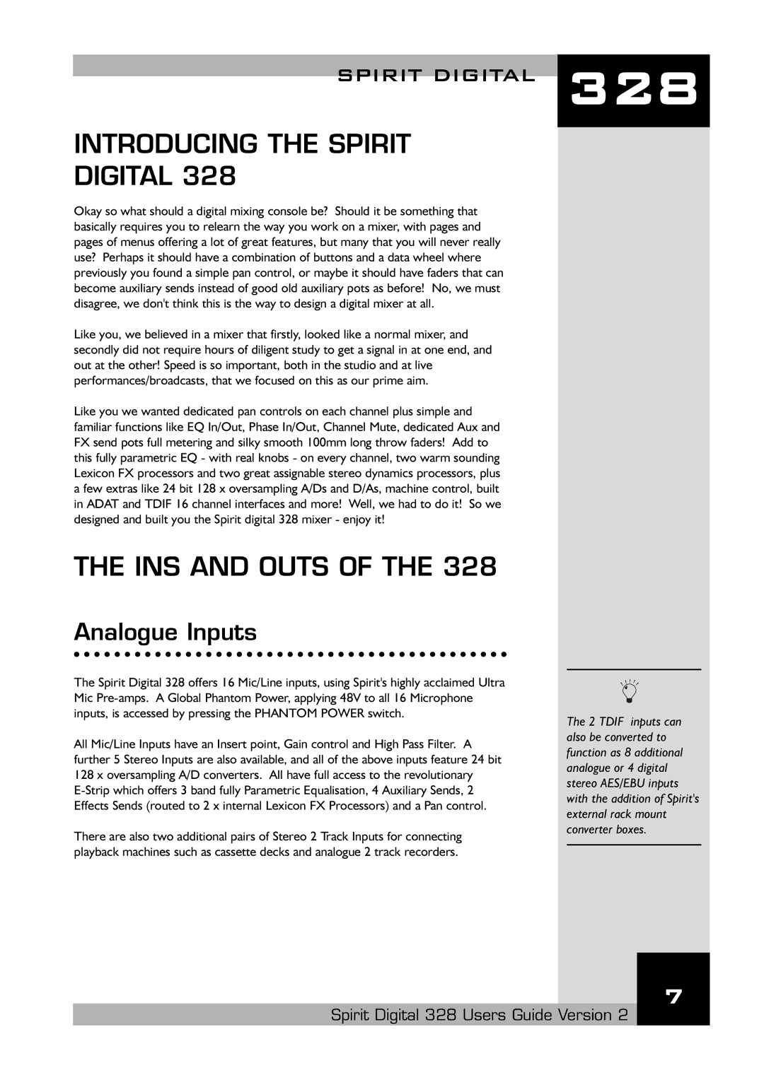 Spirit 328 specifications Introducing the Spirit Digital, INS and Outs, Analogue Inputs 