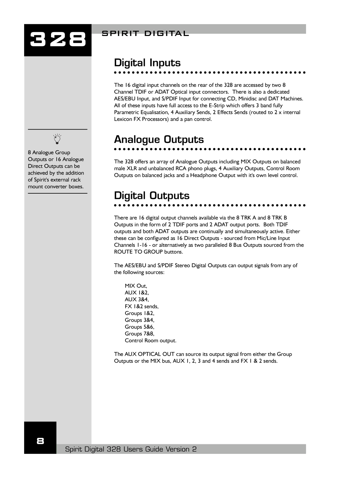 Spirit 328 specifications Digital Inputs, Analogue Outputs, Digital Outputs 