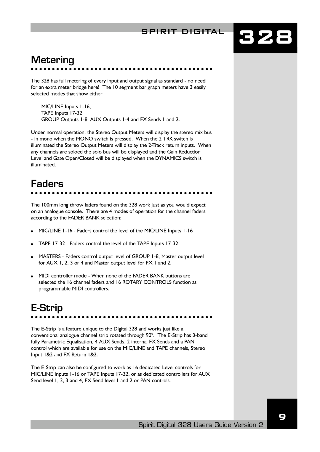 Spirit 328 specifications Metering, Faders, Strip 