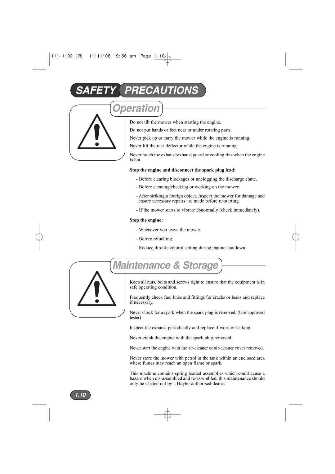 Spirit 617E, 619E manual Maintenance & Storage, Stop the engine and disconnect the spark plug lead 