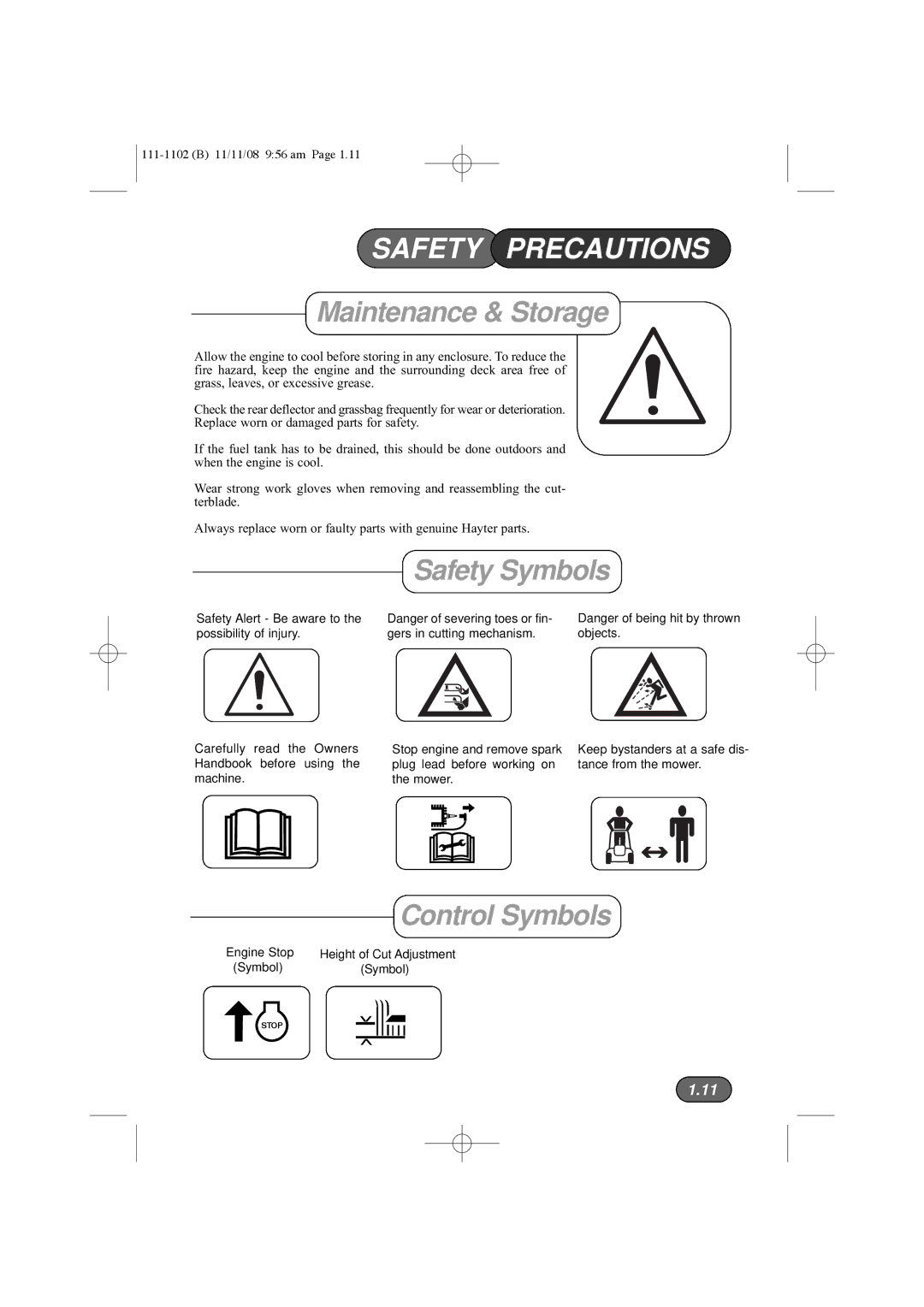 Spirit 619E, 617E manual Safety Symbols, Control Symbols 