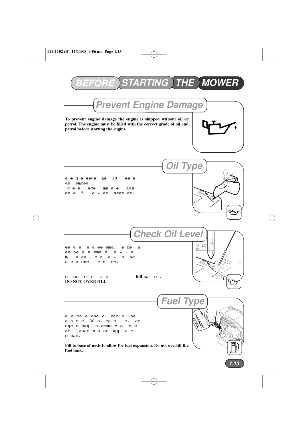 Spirit 619E, 617E manual Before Starting the Mower, Prevent Engine Damage, Oil Type, Check Oil Level, Fuel Type 