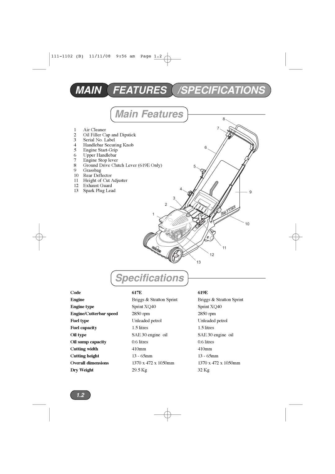 Spirit 617E, 619E manual Main Features /SPECIFICATIONS, Specifications 