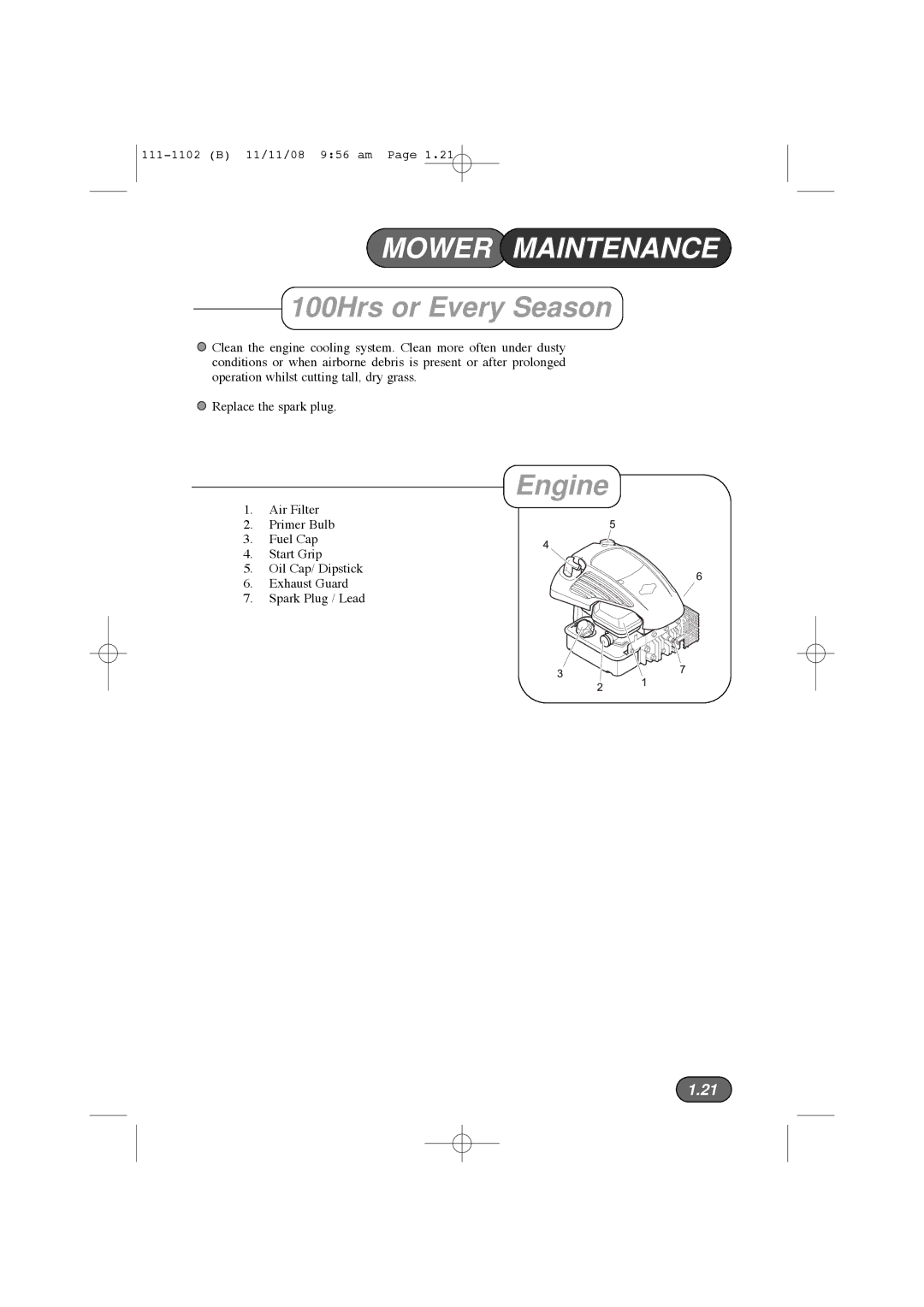 Spirit 619E, 617E manual Mower Maintenance, 100Hrs or Every Season, Engine 