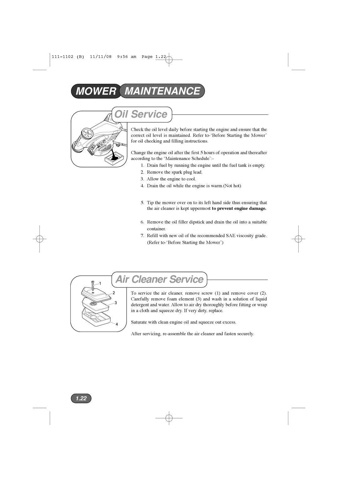 Spirit 617E, 619E manual Oil Service, Air Cleaner Service 