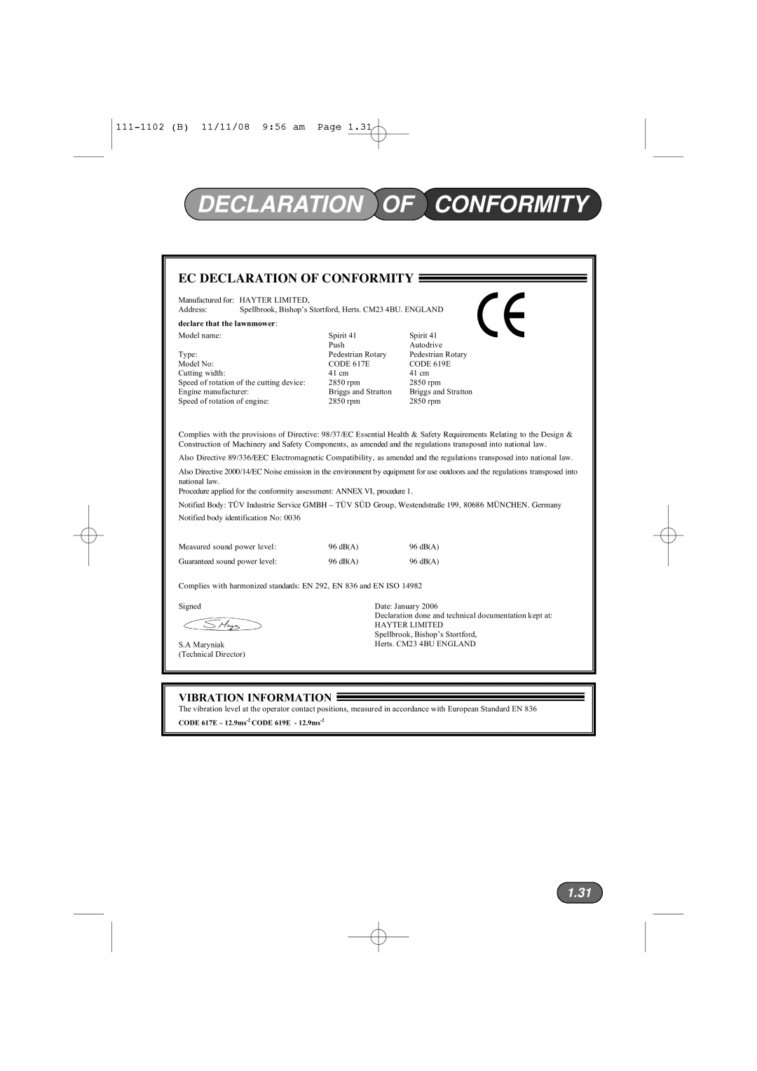 Spirit 619E, 617E manual EC Declaration of Conformity 