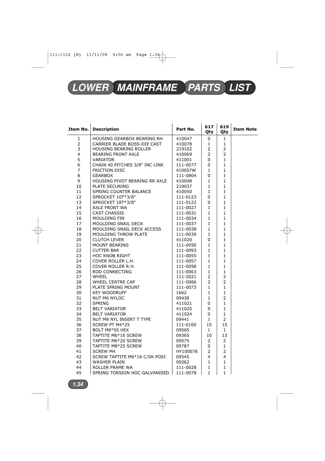 Spirit 617E, 619E manual Lower Mainframe Parts List, Item No Description 