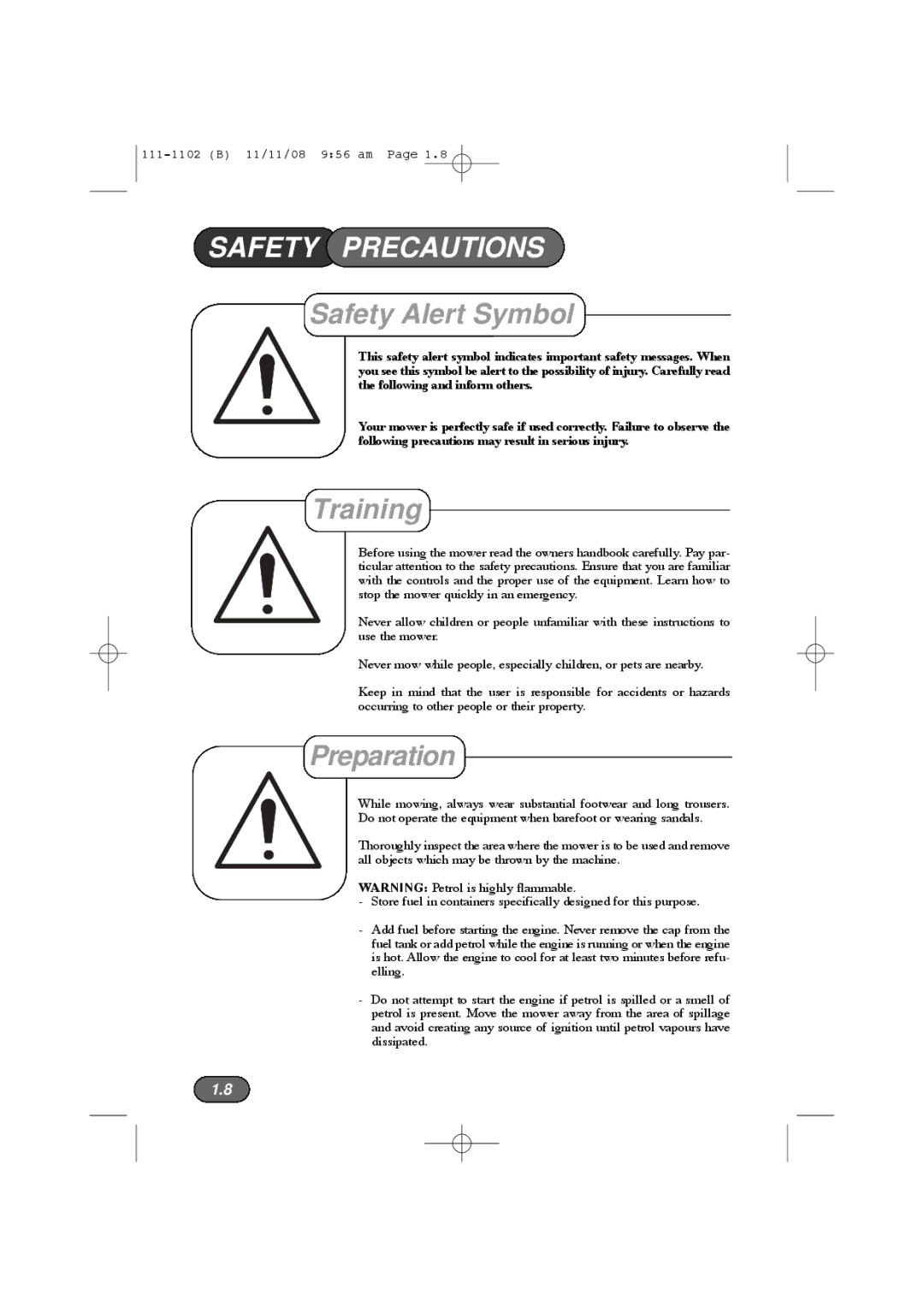 Spirit 617E, 619E manual Safety Precautions, Safety Alert Symbol, Training, Preparation 