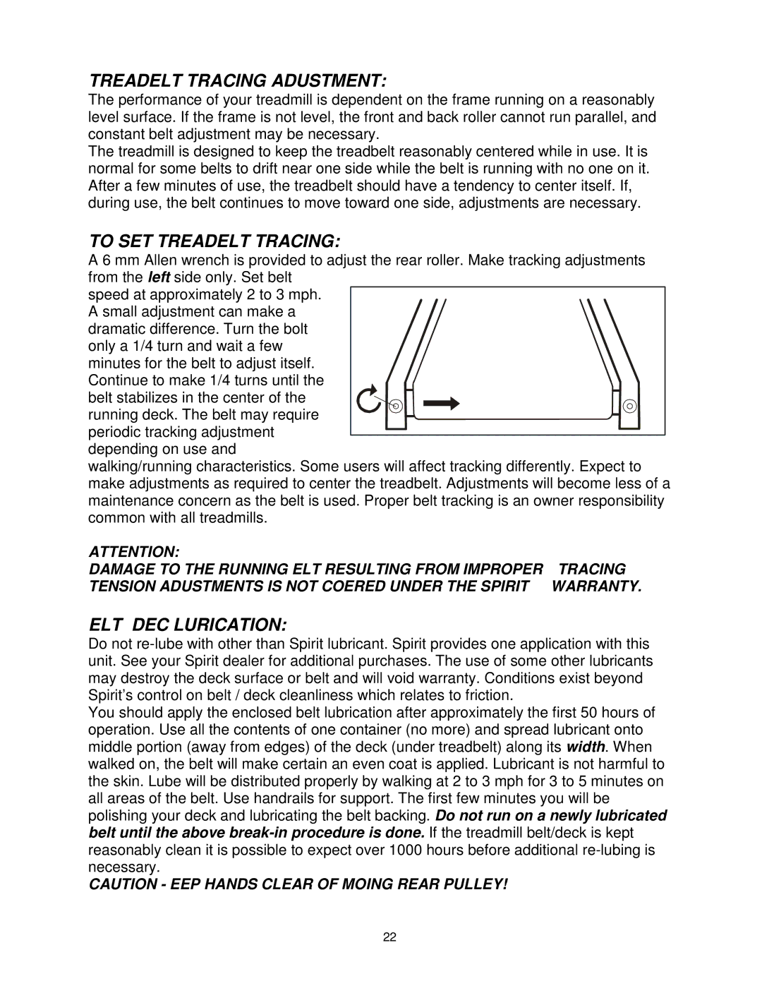 Spirit 7300 manual Treadbelt Tracking Adjustment 