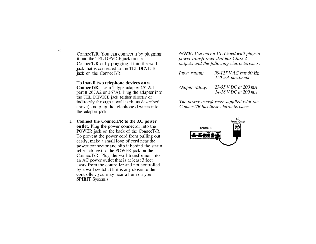 Spirit Communications System ConnecT/R owner manual Input rating 