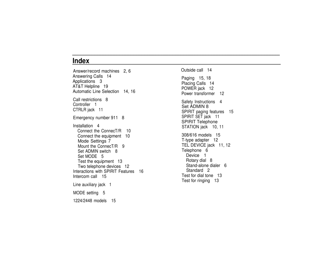 Spirit Communications System ConnecT/R owner manual Index 