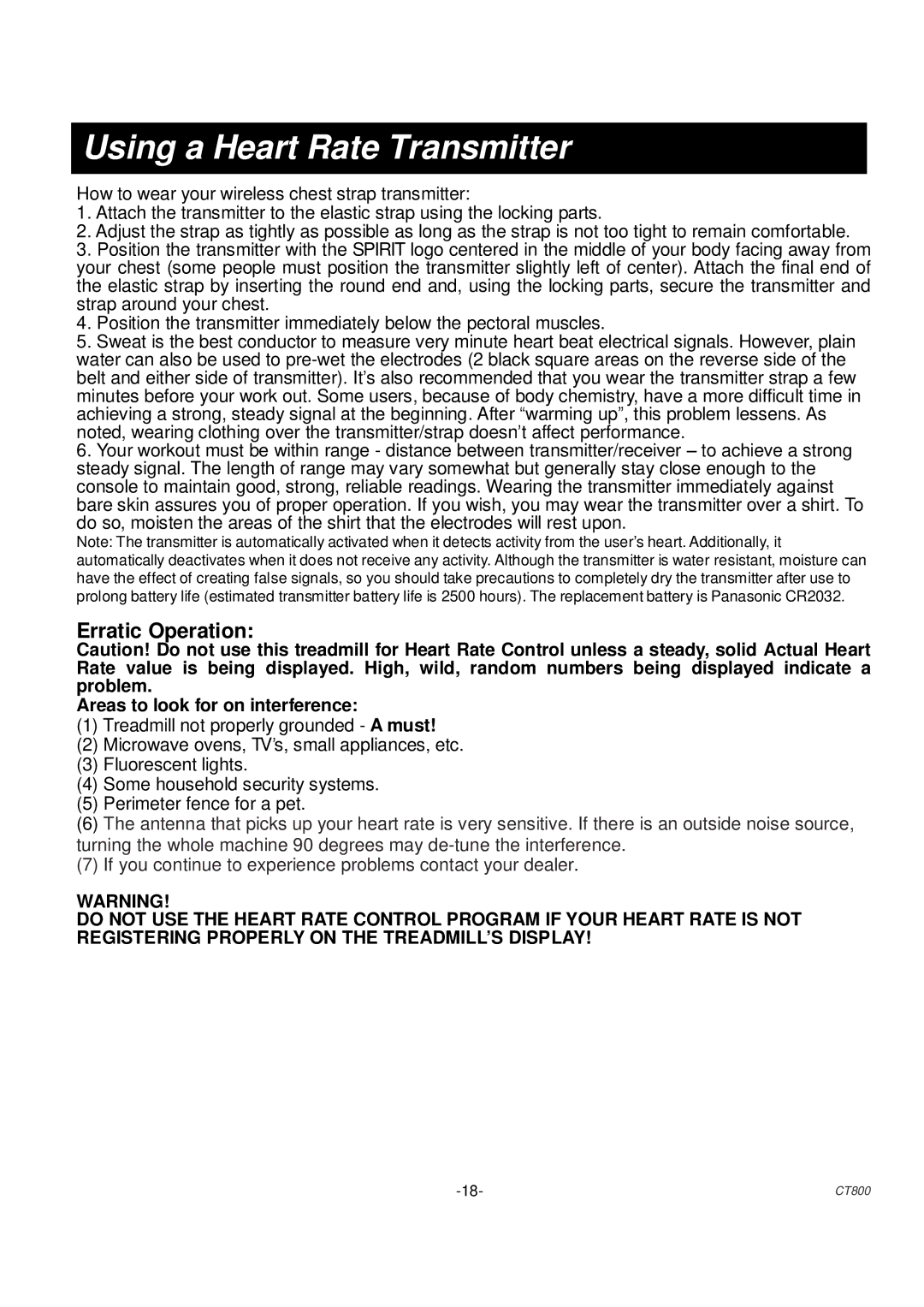 Spirit CT 800 owner manual Using a Heart Rate Transmitter, Erratic Operation 