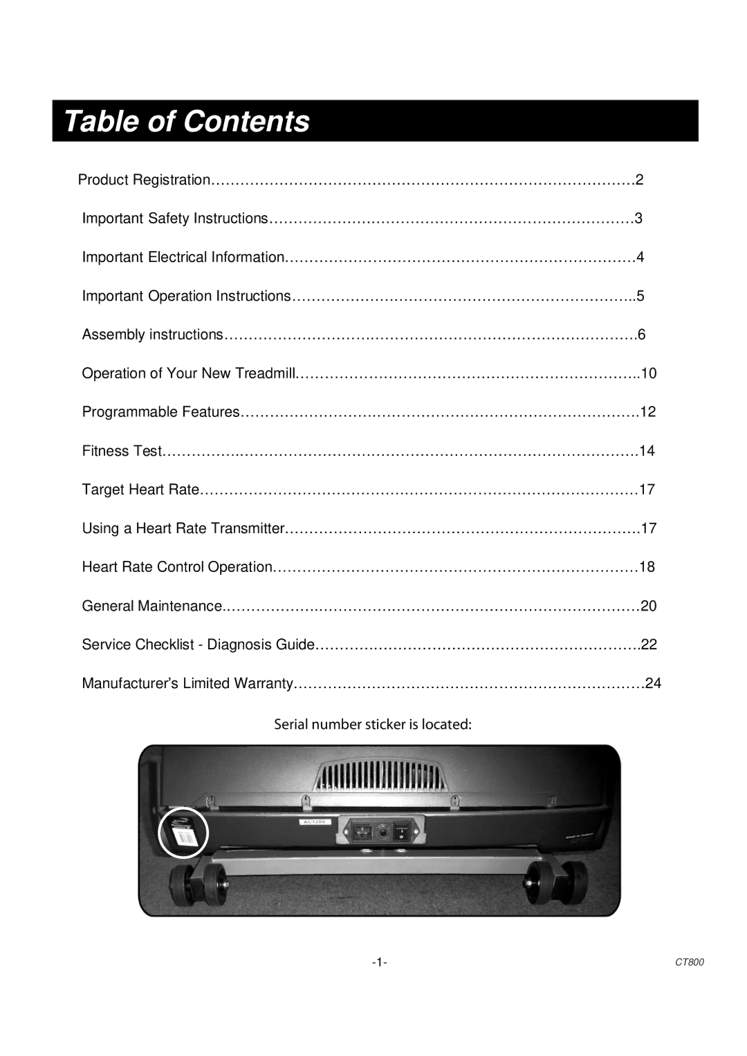 Spirit CT 800 owner manual Table of Contents 