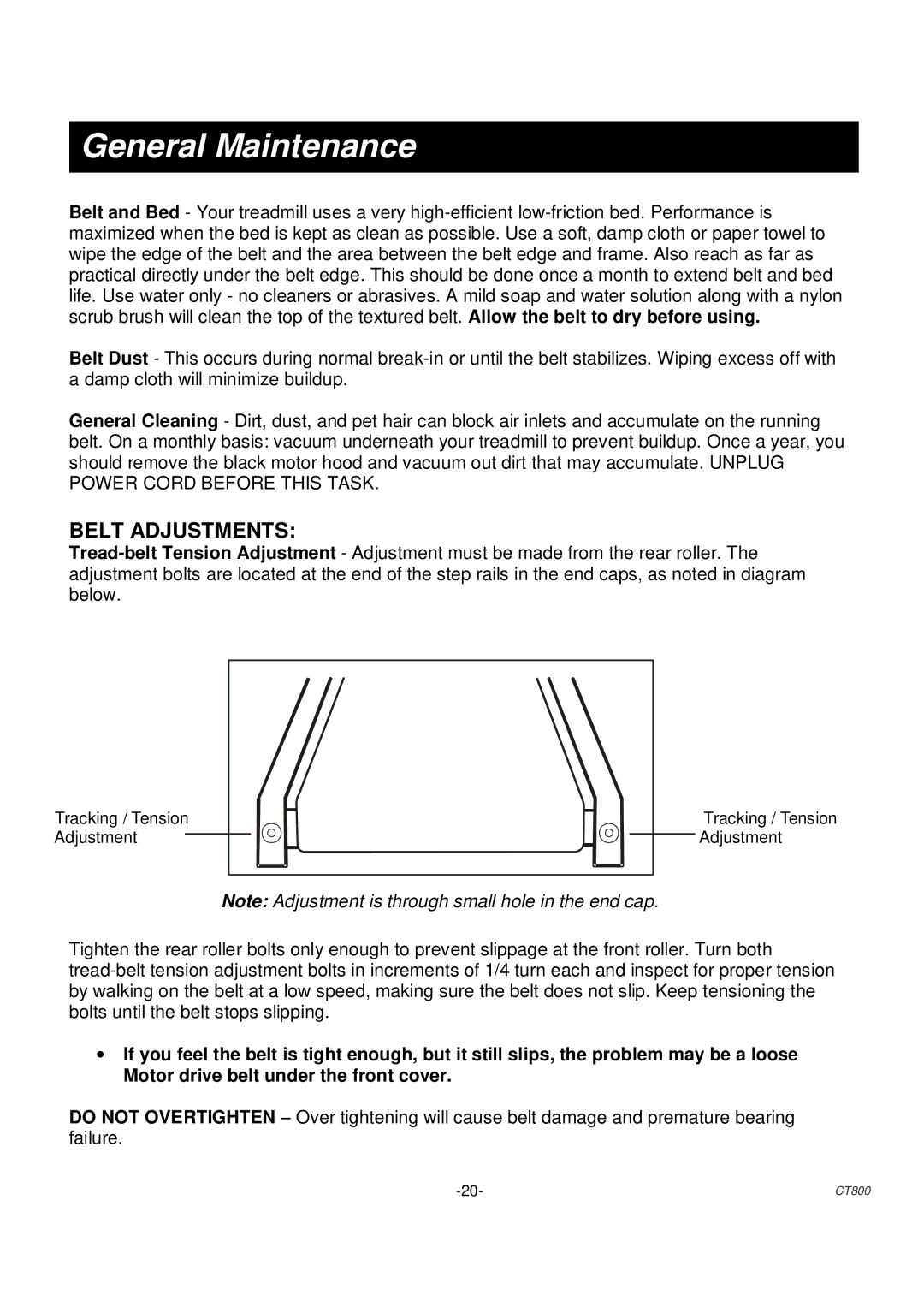 Spirit CT 800 owner manual General Maintenance, Belt Adjustments 