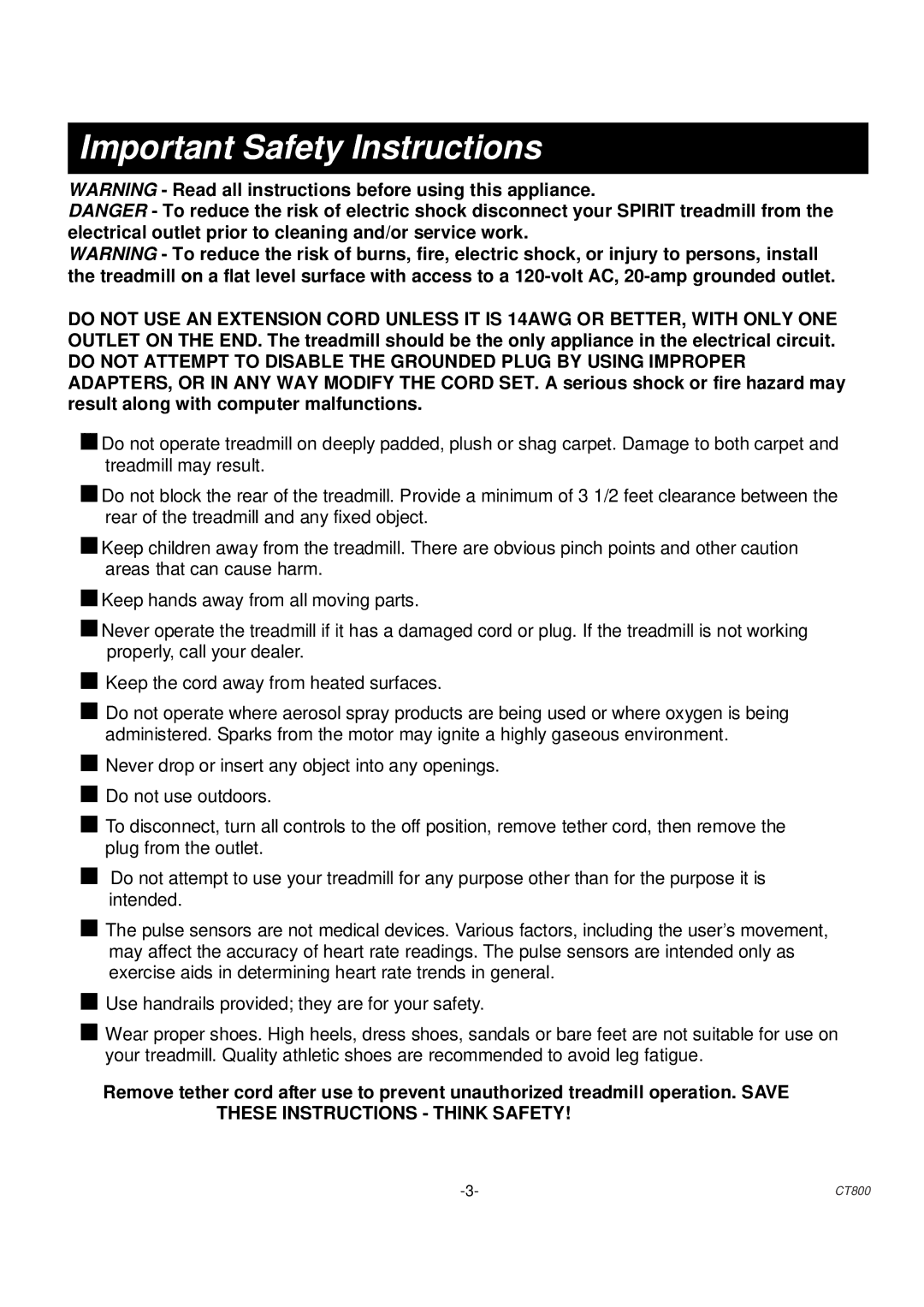 Spirit CT 800 owner manual Important Safety Instructions 