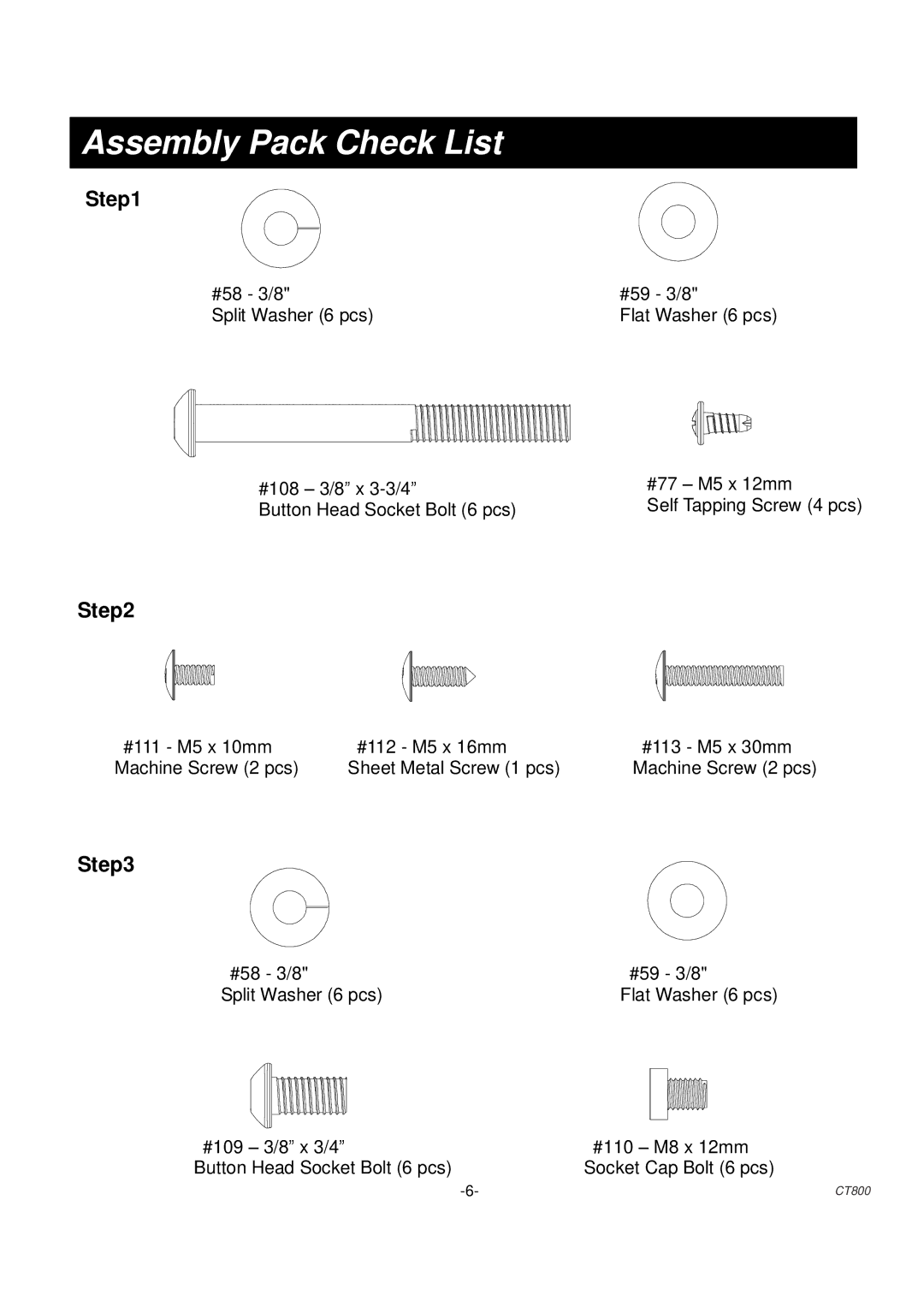 Spirit CT 800 owner manual Assembly Pack Check List 