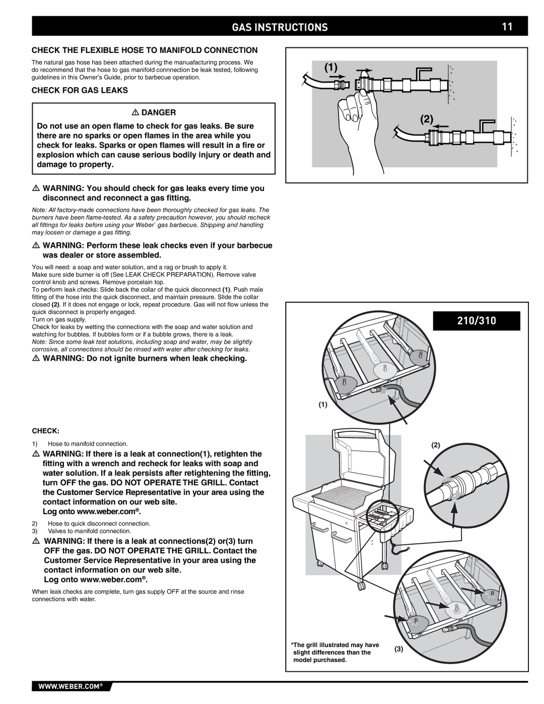 Spirit E/EP - 210/310 manual Check the Flexible Hose to Manifold Connection, Check for GAS Leaks 